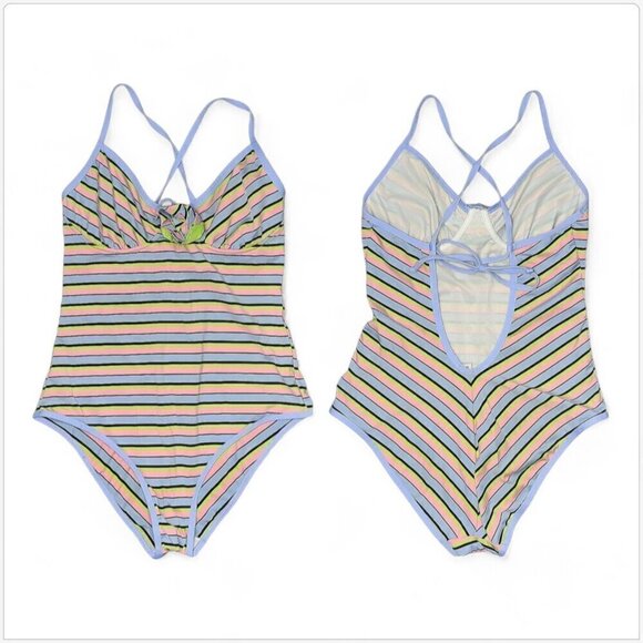 Moschino Mare Pastel Stripe One Piece Swimsuit Bathing Suit Flower Trim 38 / XL - Picture 1 of 6